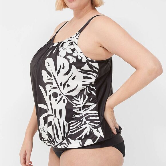 Lane Bryant No-Wire Blouson Tankini Top Black Floral Built In Bra Swim Size 28 - Picture 4 of 8